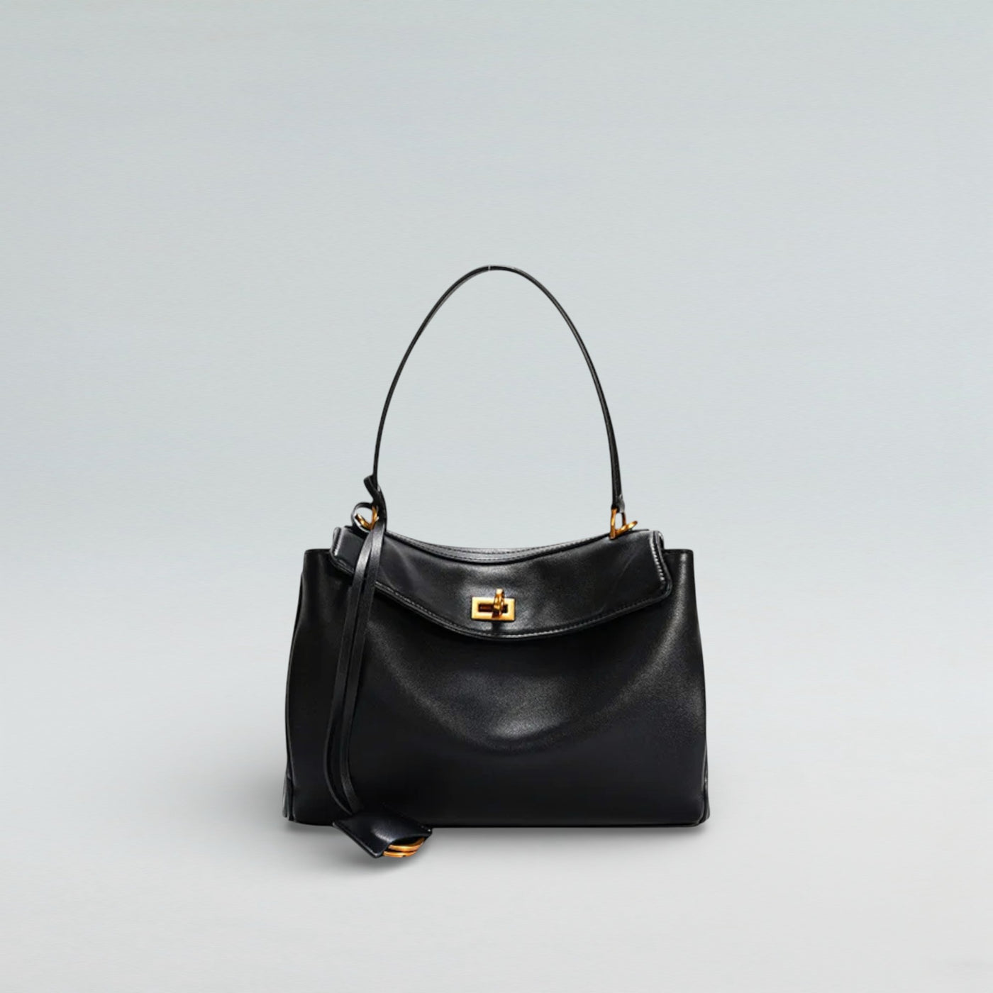Bagulia Louve Locket Tote Bag in Black Leather with Gold Hardware — Front