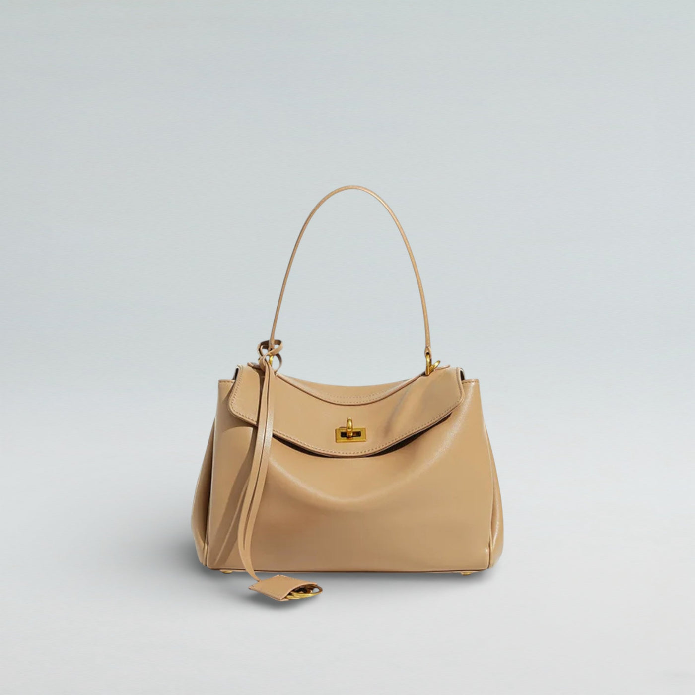 Bagulia Louve Locket Tote Bag in Beige Leather — Front