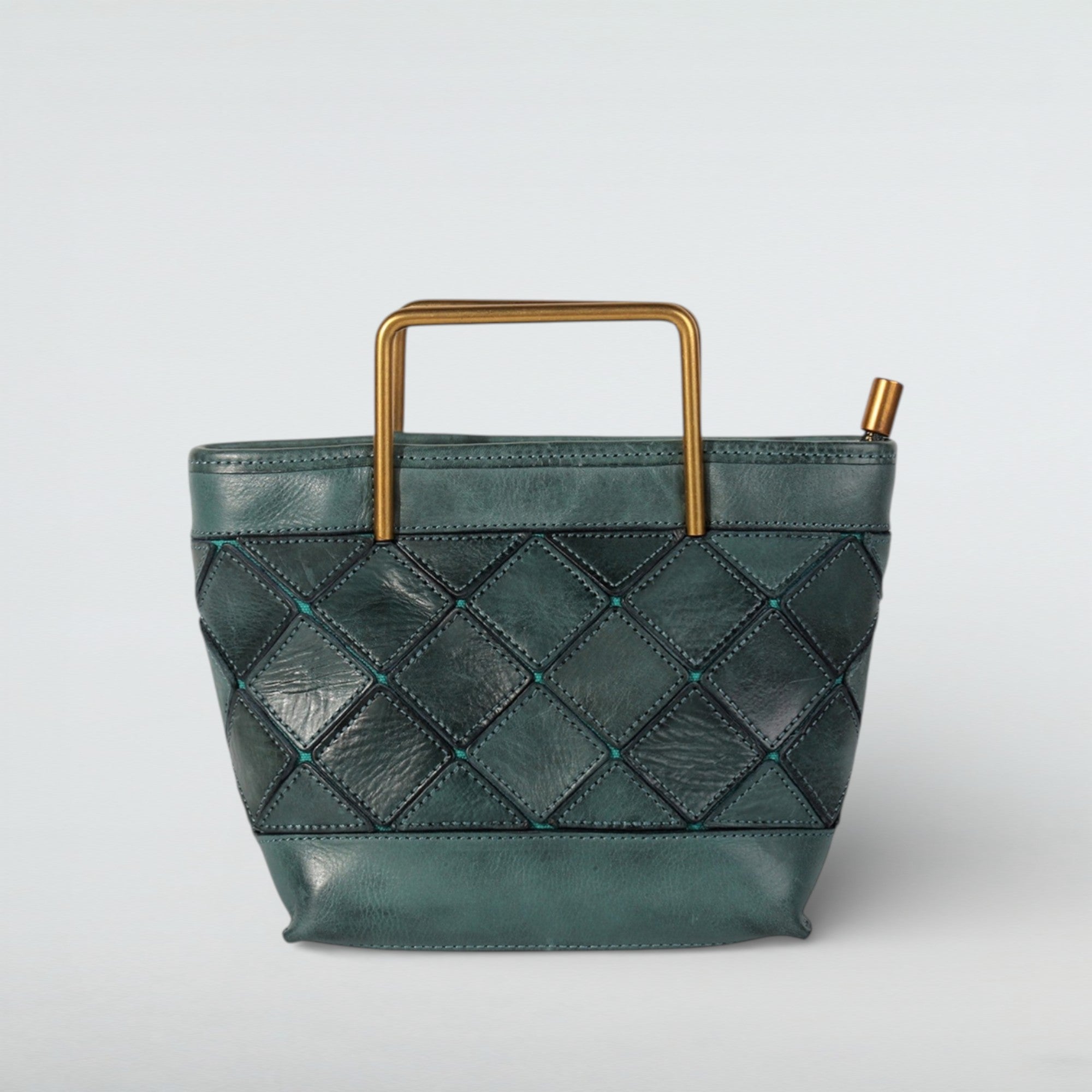 Mosaic Quilted Leather Handbag - Geometric Tote with Gold Handles-6
