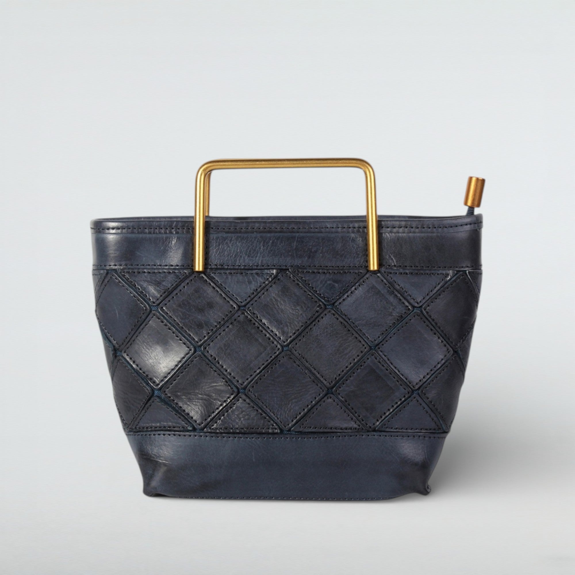 Mosaic Quilted Leather Handbag - Geometric Tote with Gold Handles-7