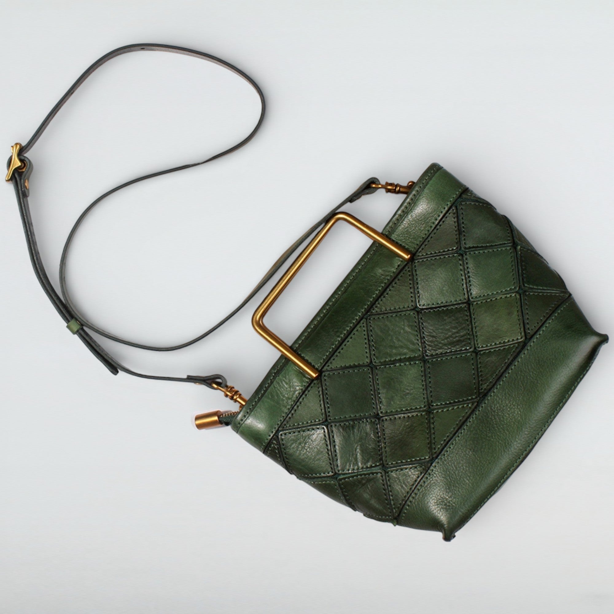 Mosaic Quilted Leather Handbag - Geometric Tote with Gold Handles-4