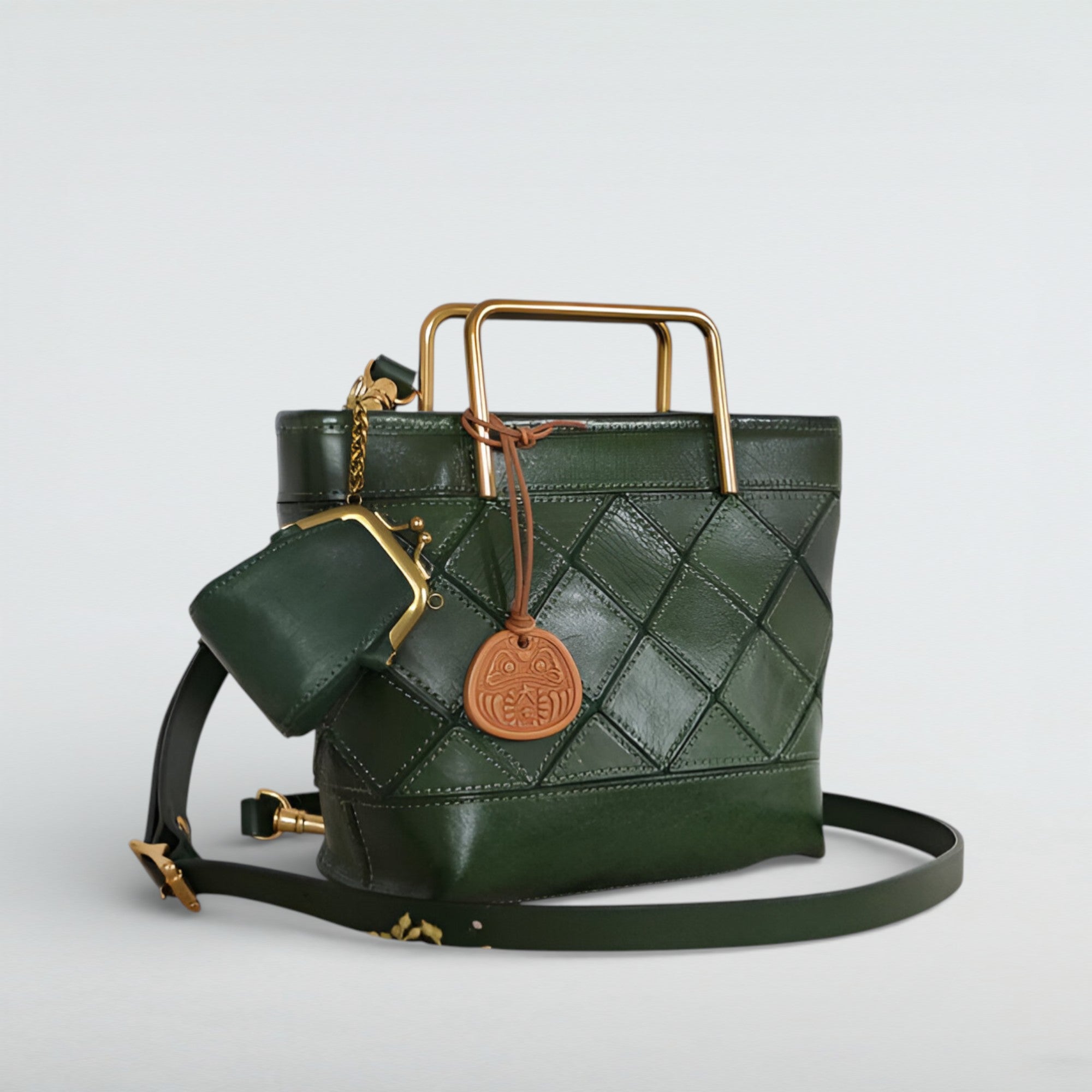 Mosaic Quilted Leather Handbag - Geometric Tote with Gold Handles-3