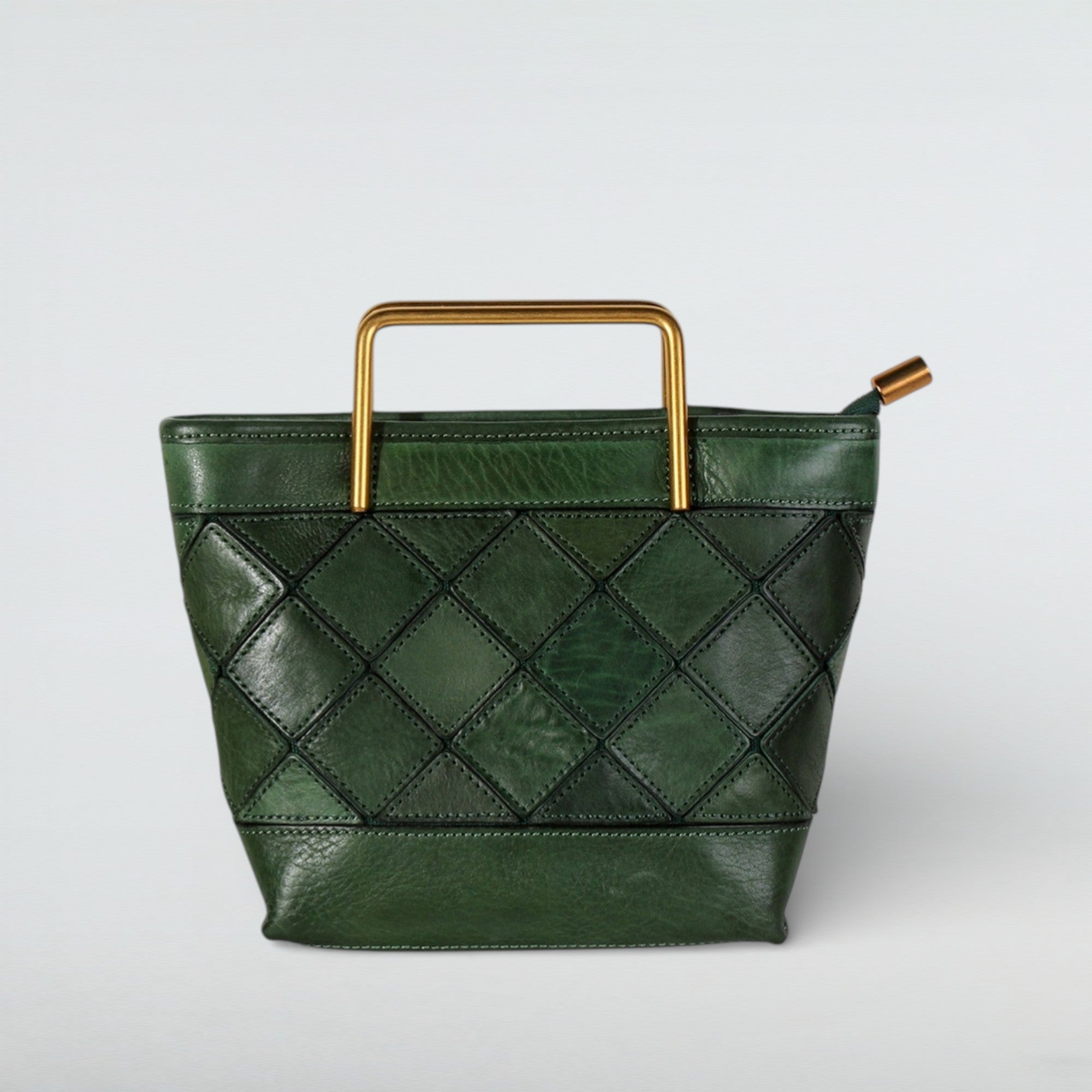 Mosaic Quilted Leather Handbag - Geometric Tote with Gold Handles