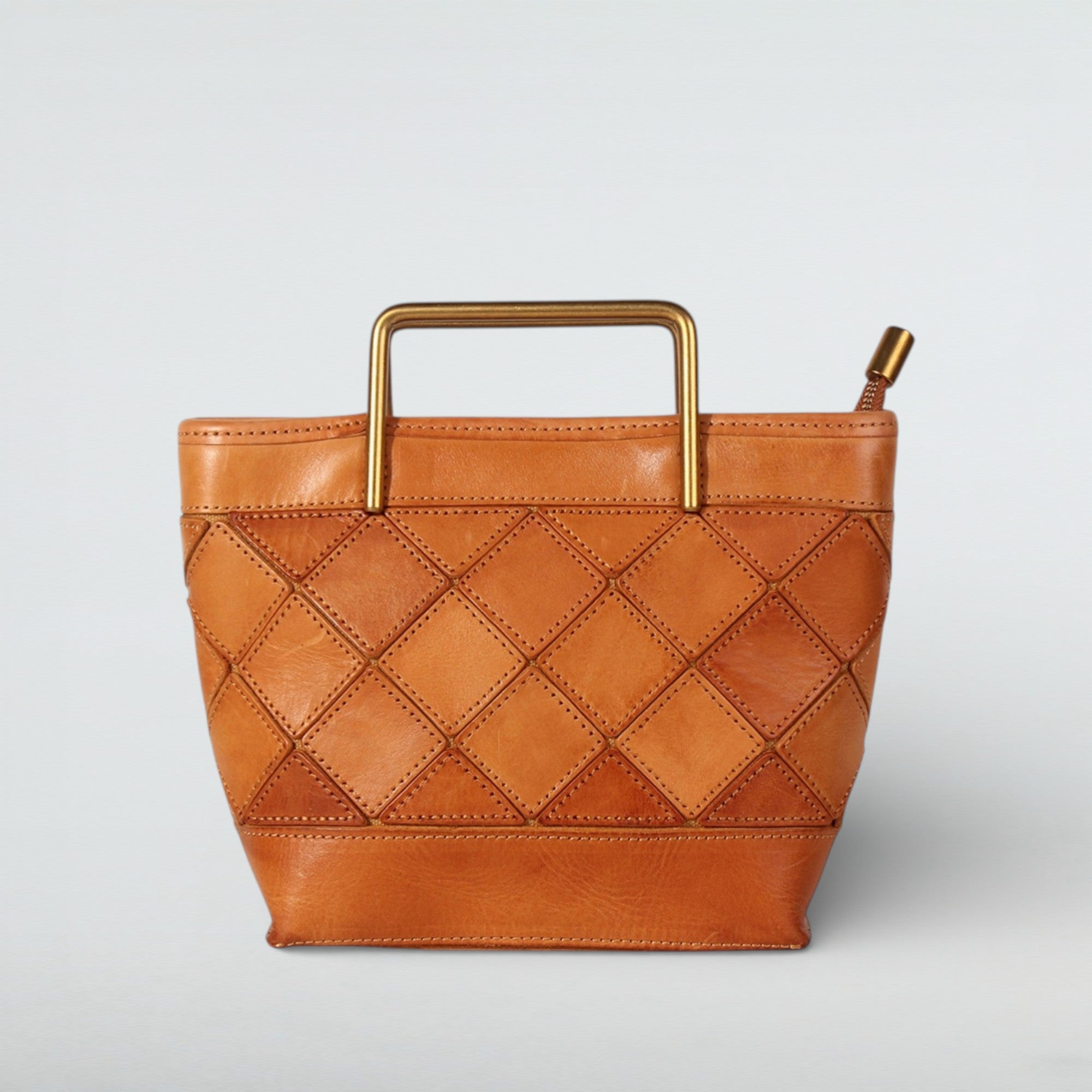 Mosaic Quilted Leather Handbag - Geometric Tote with Gold Handles