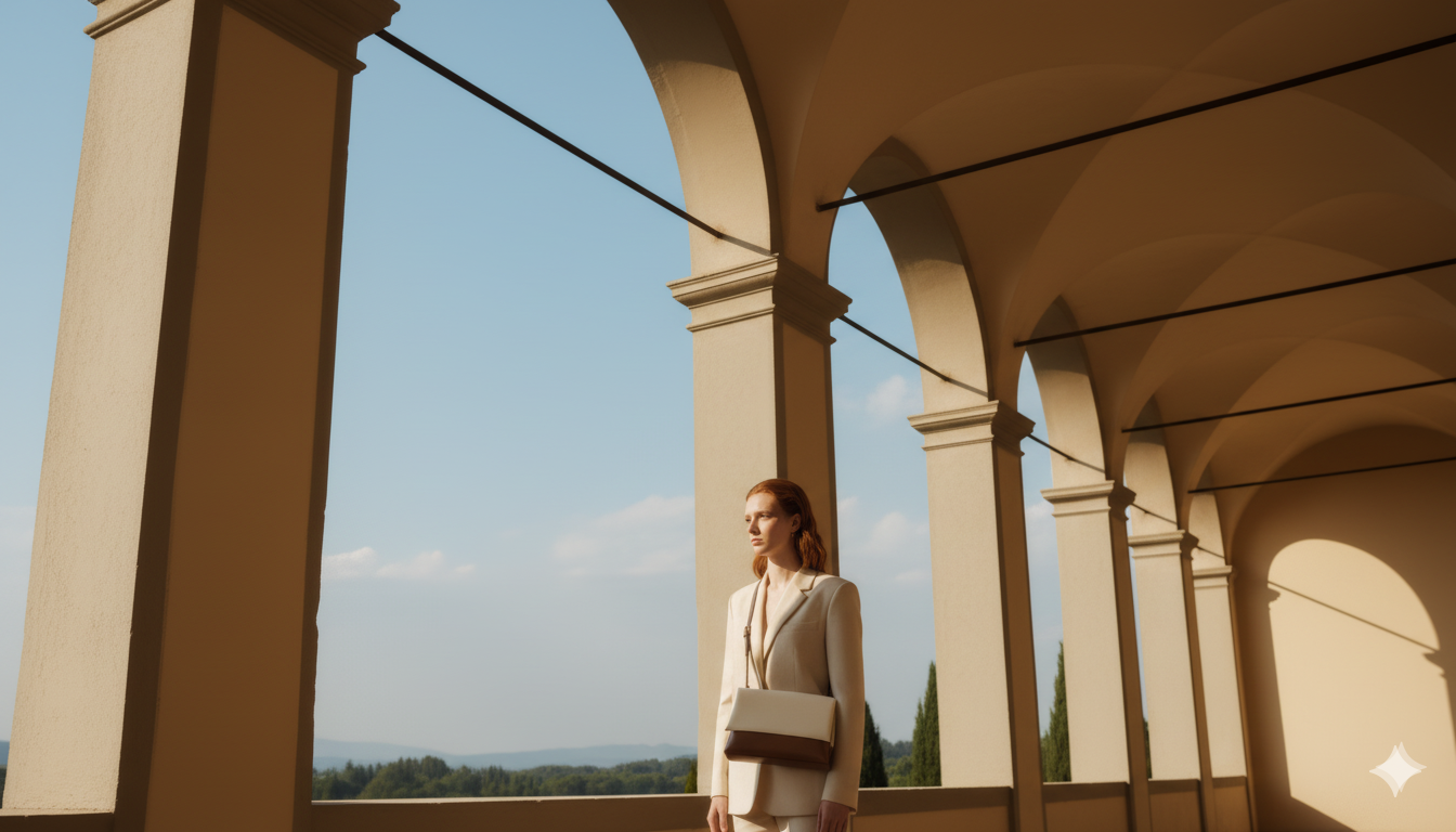 Woman standing under a colonnade with a clear blue sky in the background