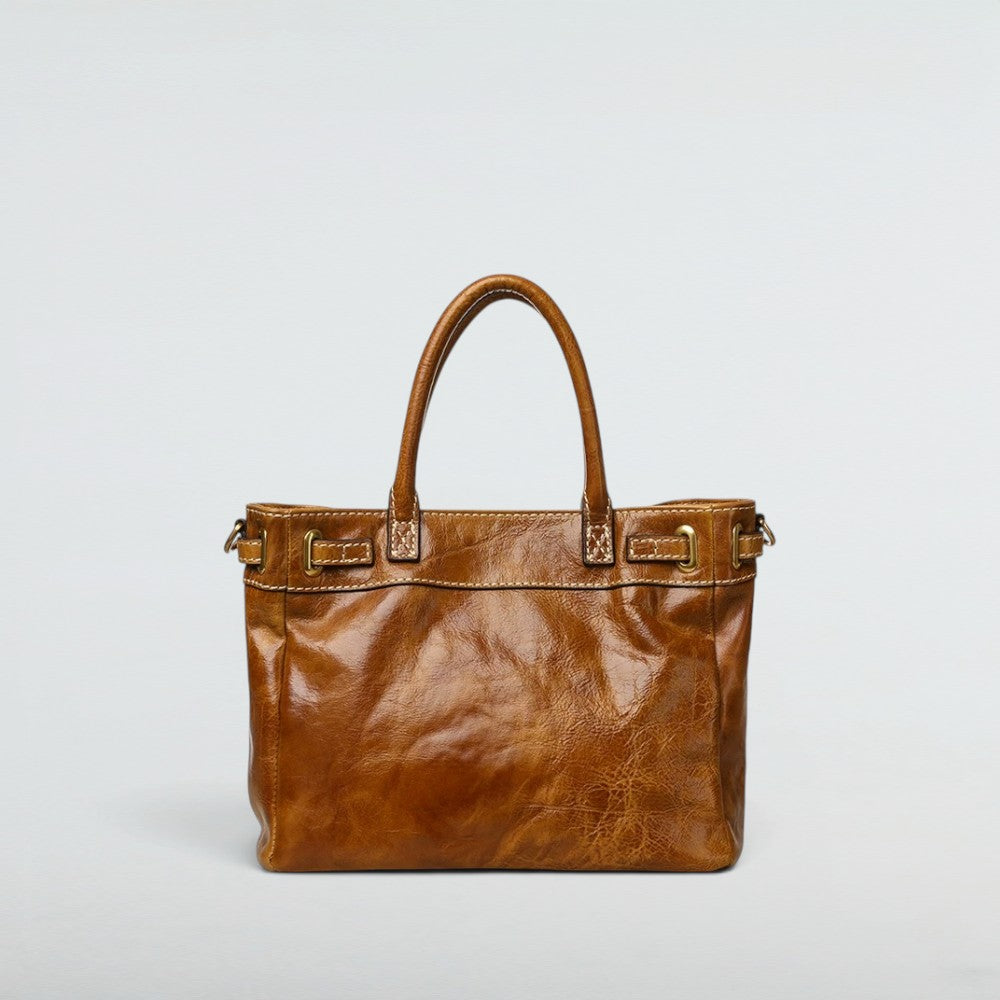 Back view of the Bagulia Petra Glossy Leather Tote Bag in Caramel