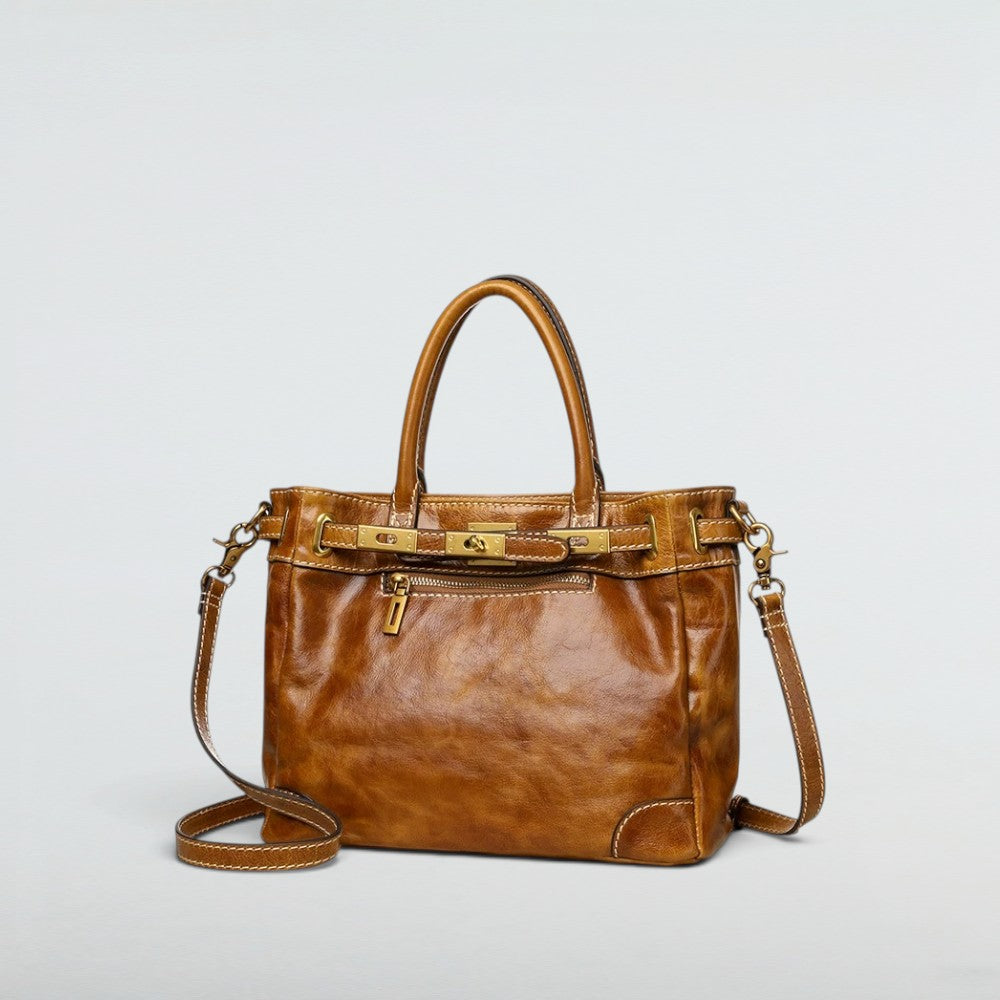 Bagulia Petra Glossy Leather Tote Bag in Caramel, three-quarter angle view