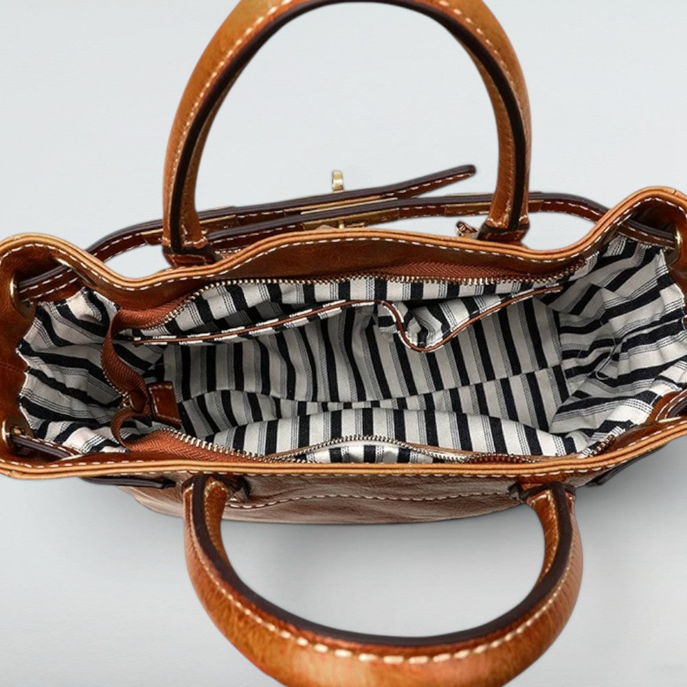 Bagulia Petra Glossy Leather Tote Bag in Caramel, alternate studio view