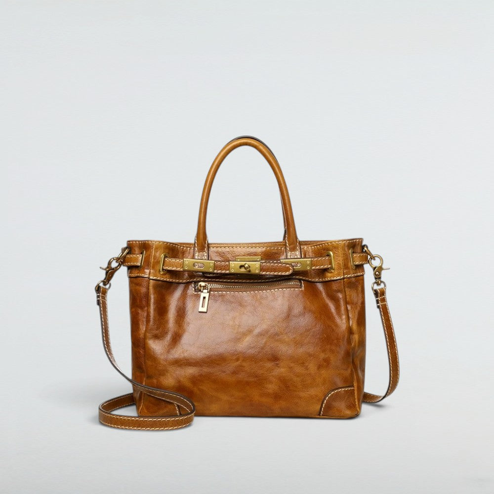 Bagulia Petra Glossy Leather Tote Bag in Caramel, front studio view
