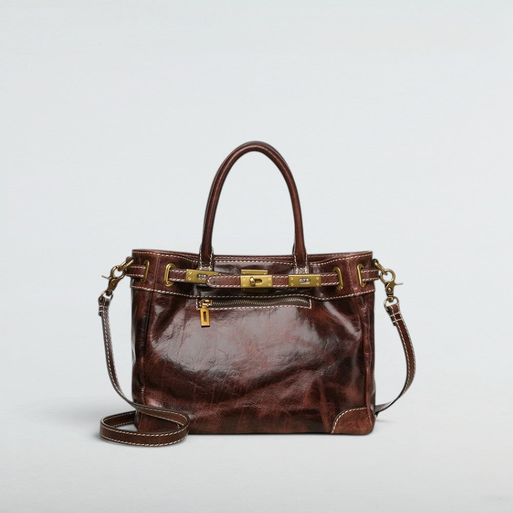 Bagulia Petra Glossy Leather Tote Bag in Coffee, front studio view