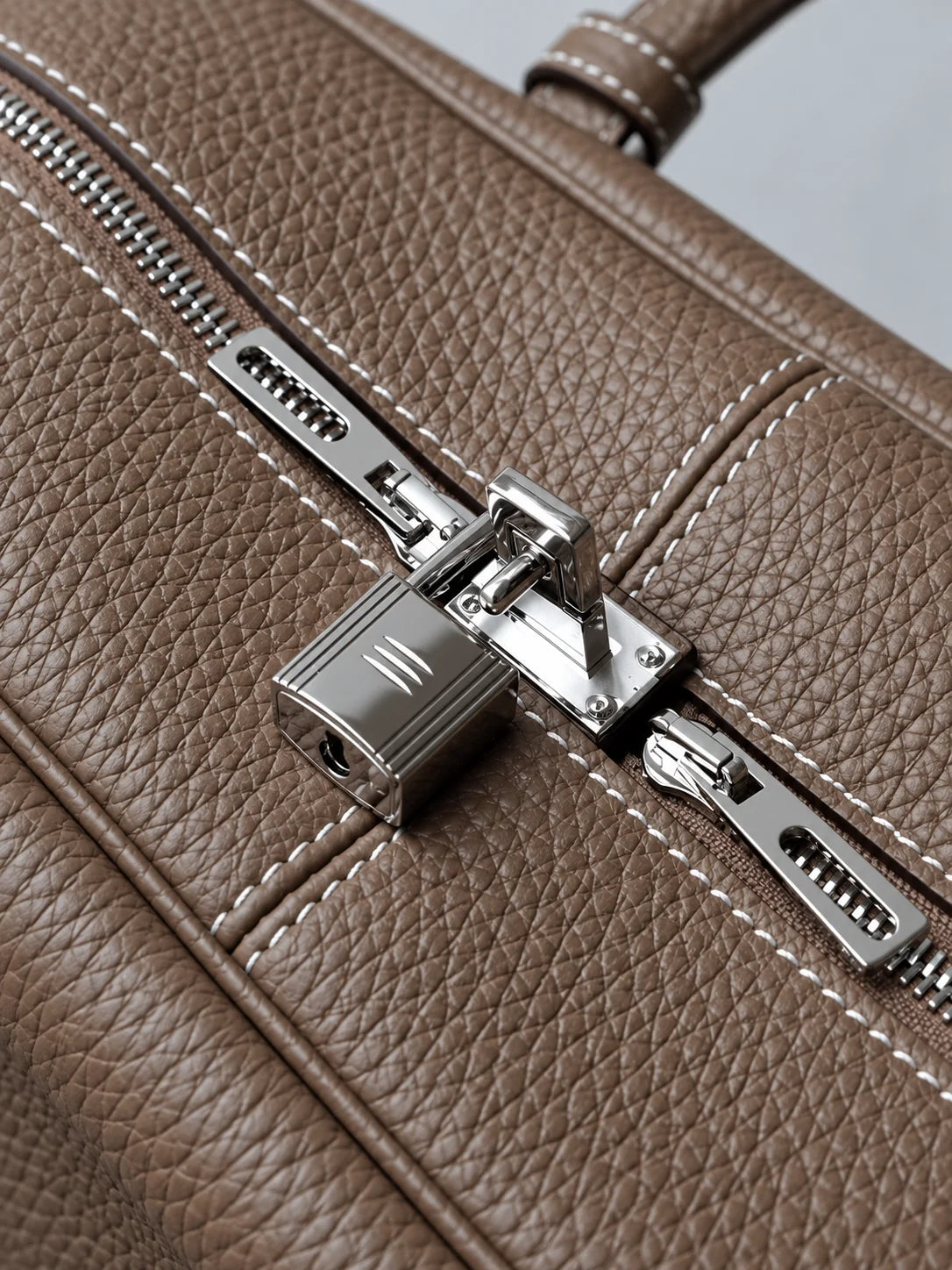 Ballerina leather tote in Brown, silver-tone zip and padlock detail