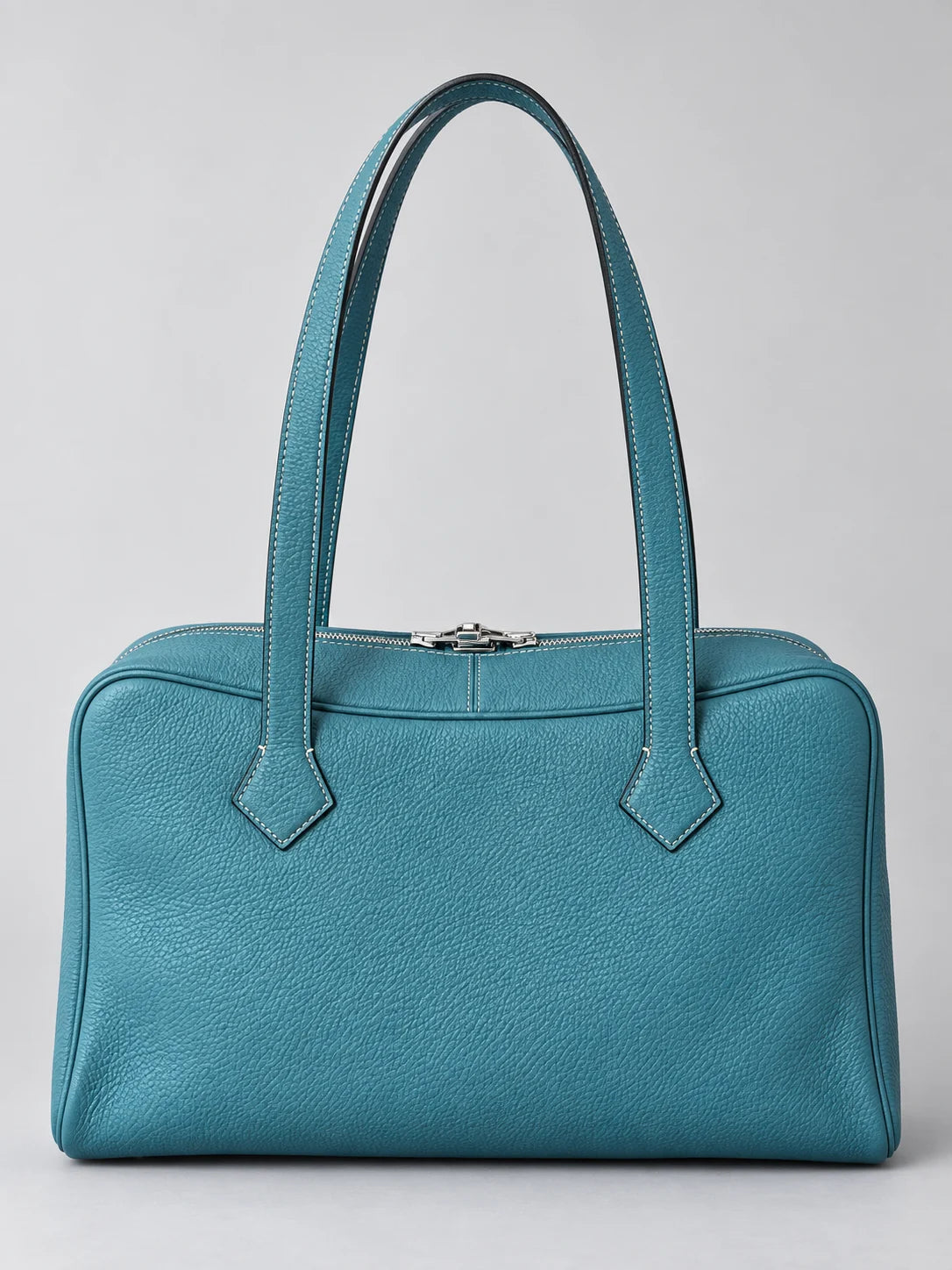 Ballerina leather tote in Dark Cyan, front view