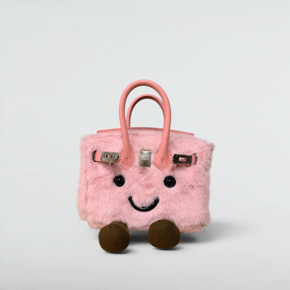 Bagulia Birky 18cm mini plush Birkin-style bag in Baby Pink faux fur with smiley face, front view