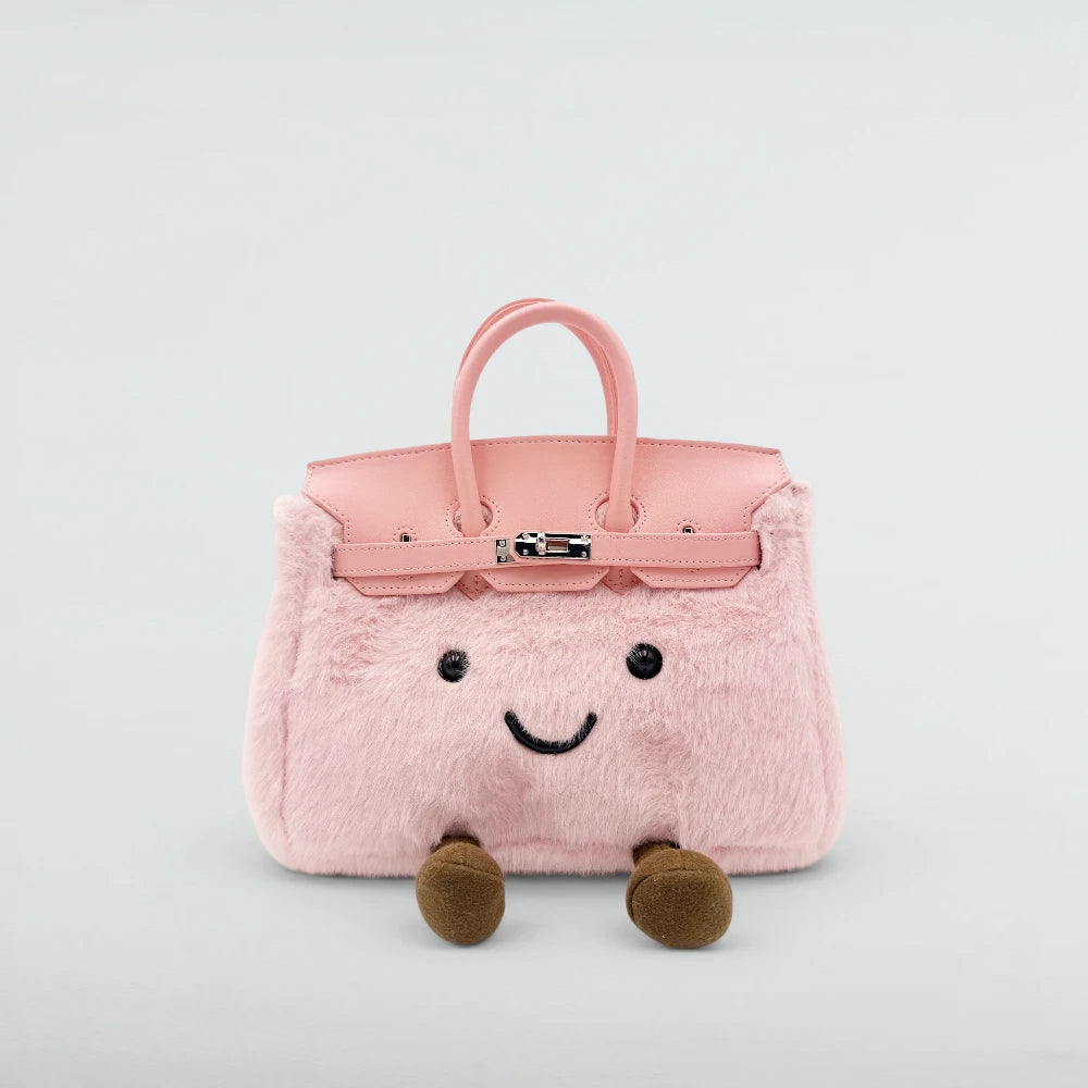 Bagulia Birky 25cm Baby Pink faux fur plush handbag with smiley face, front view