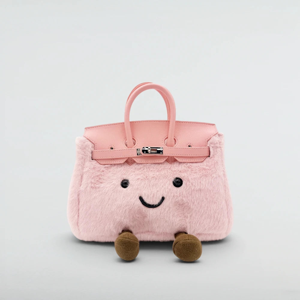 Bagulia Birky Baby Pink plush smiley face handbag, alternate front view