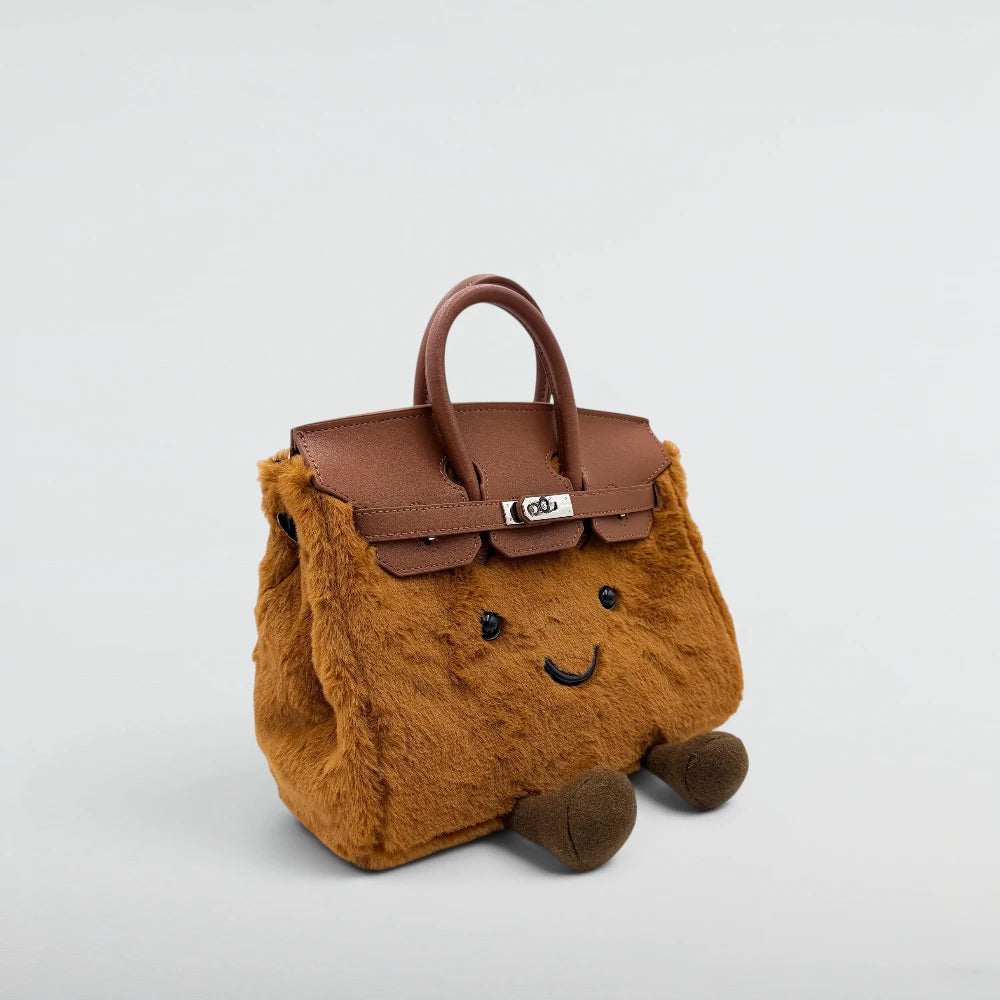Bagulia Birky 25cm Caramel plushy faux fur handbag with leather flap, three-quarter angle view