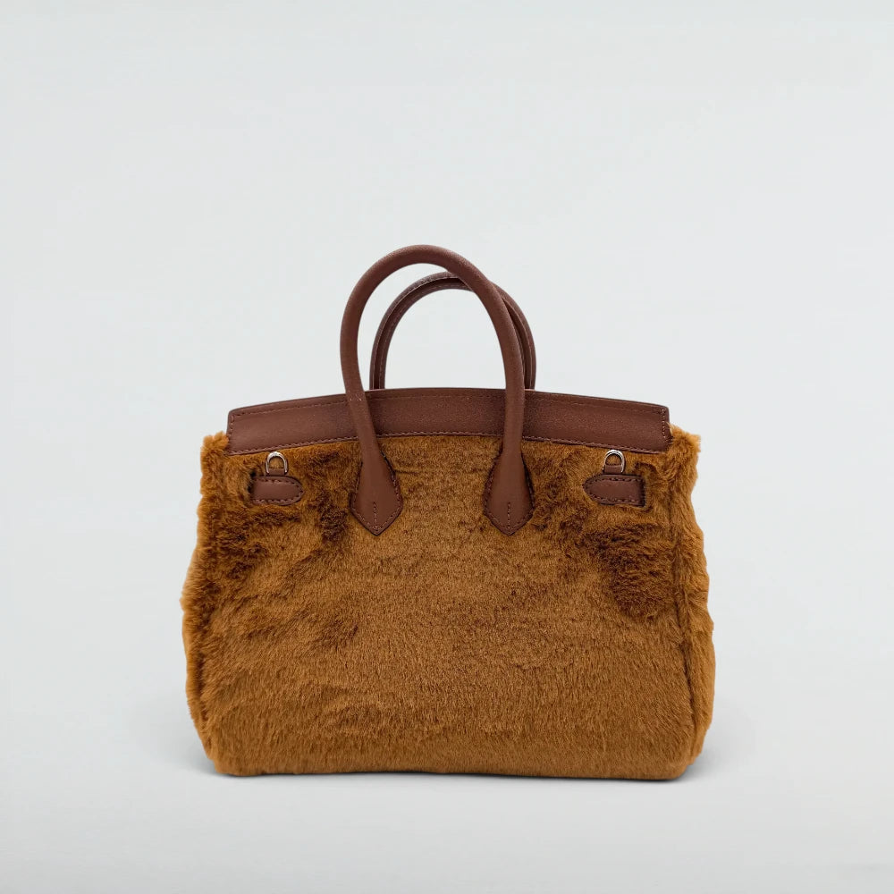 Back view of the Bagulia Birky 25cm Caramel plushy faux fur handbag