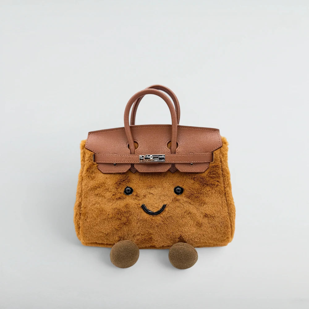 Bagulia Birky 25cm Caramel plushy faux fur Birkin-style bag with smiley face, front view