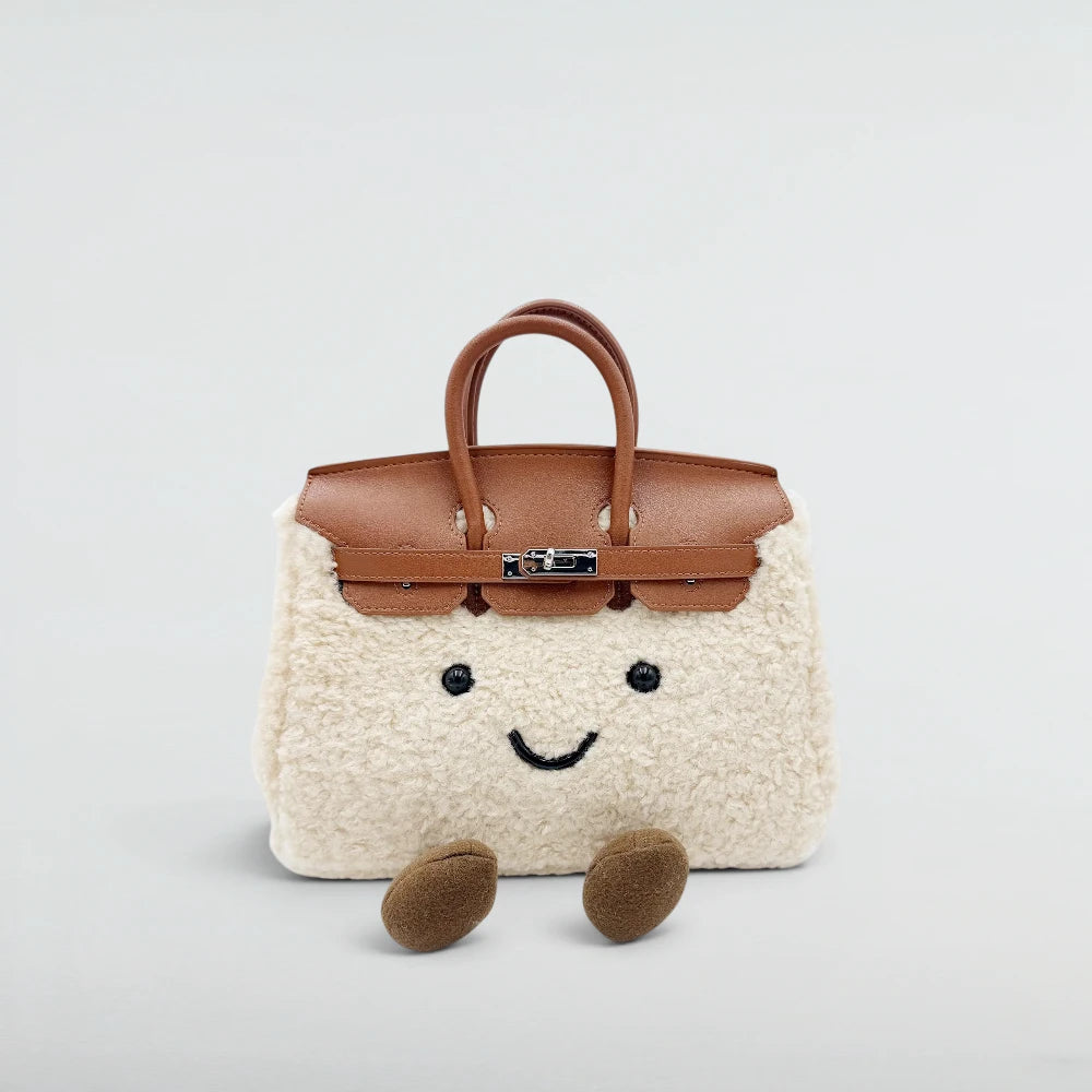 Bagulia Birky 25cm plush Birkin style bag in Cream teddy fleece with smiley face, front view