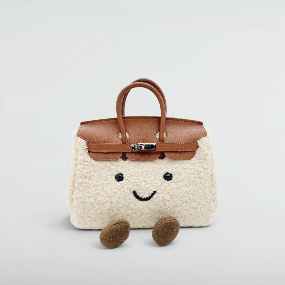 Bagulia Birky Cream plush smiley face handbag, alternate front view