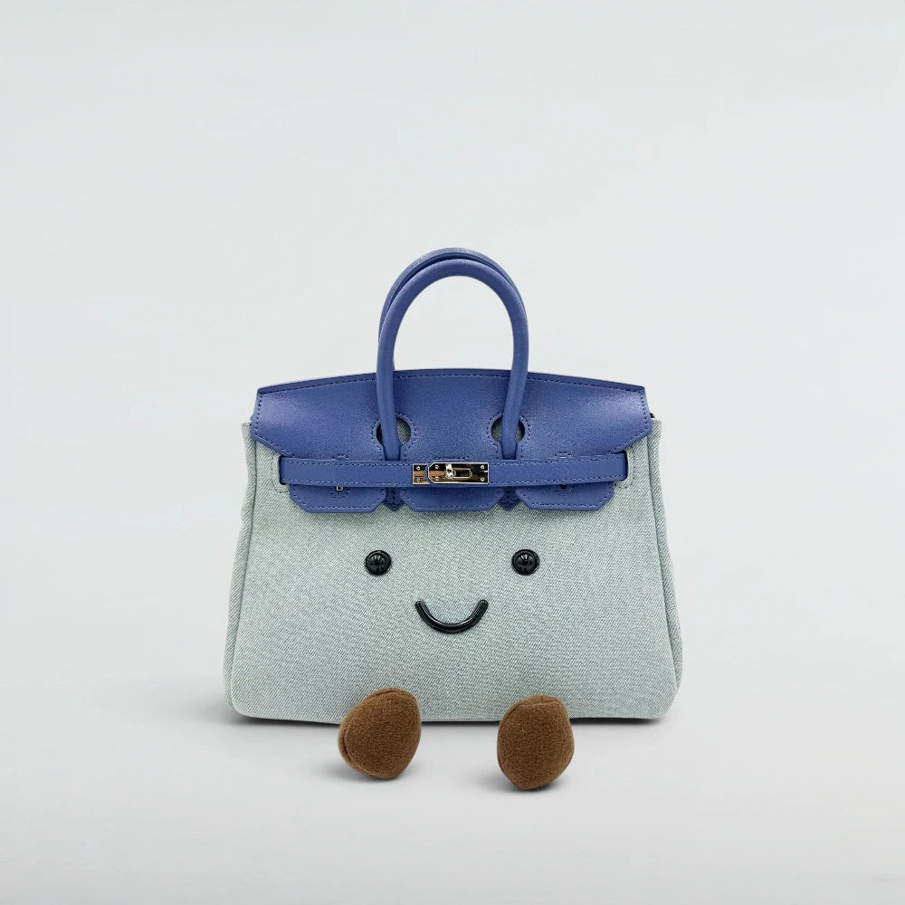 Bagulia Birky 25cm Denim Birkin-style bag with smiley face, front view
