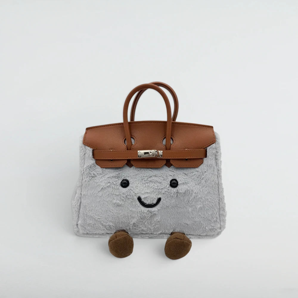 Bagulia Birky 25cm Grey faux fur plush Birkin style bag with smiley face, front view