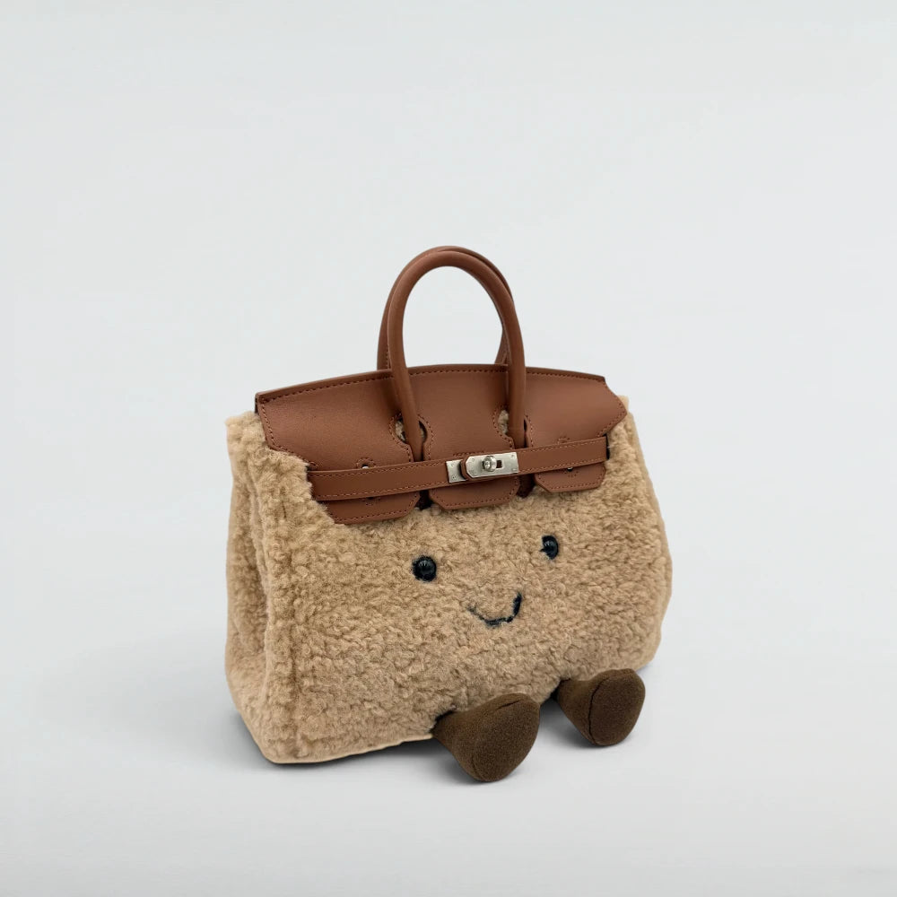 Bagulia Birky Light Khaki teddy plush handbag with tan leather flap, three-quarter angle view
