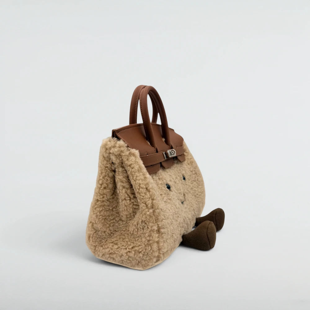 Side profile of the Bagulia Birky Light Khaki teddy plush handbag