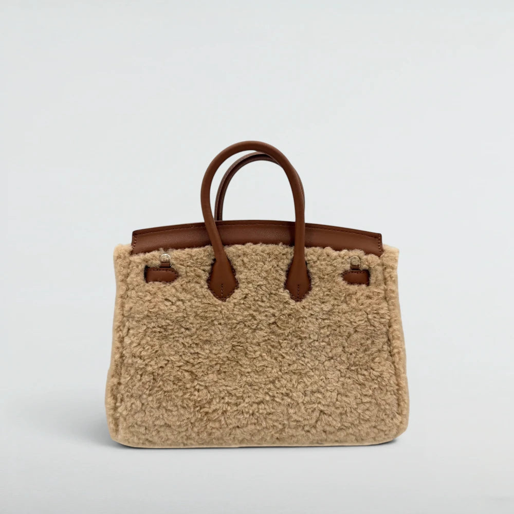 Back view of the Bagulia Birky 25cm Light Khaki teddy boucle handbag