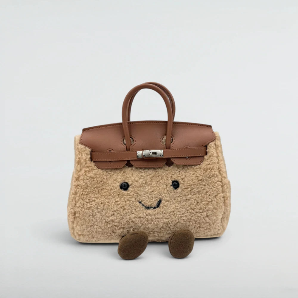 Bagulia Birky 25cm Light Khaki teddy boucle Birkin style bag with smiley face, front view