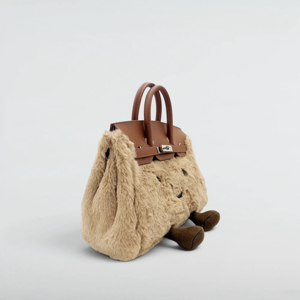 Back view of the Bagulia Birky Light Khaki smooth faux fur handbag