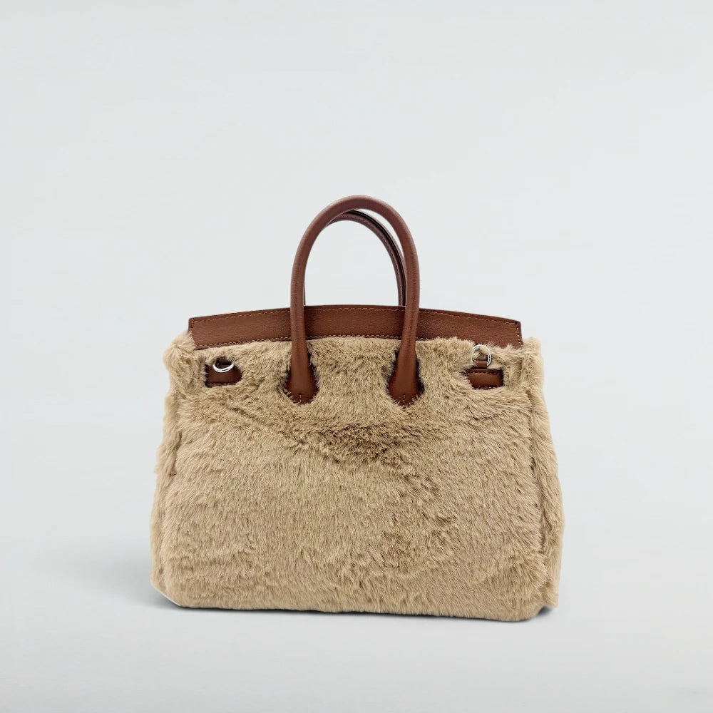 Bagulia Birky Light Khaki smooth faux fur handbag with smiley face, front view