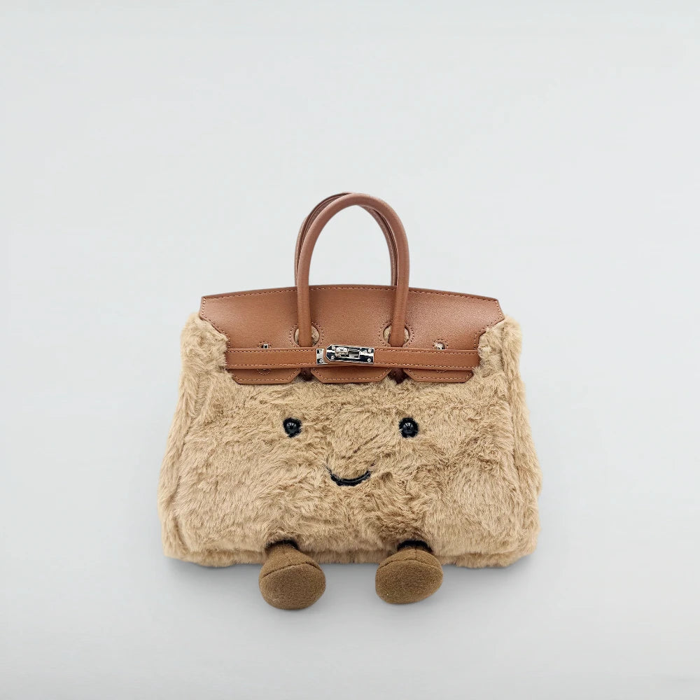 Bagulia Birky Light Khaki smooth faux fur smiley handbag, alternate front view