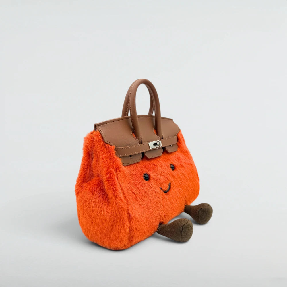 Bagulia Birky Orange plush handbag with brown leather flap, three-quarter angle view