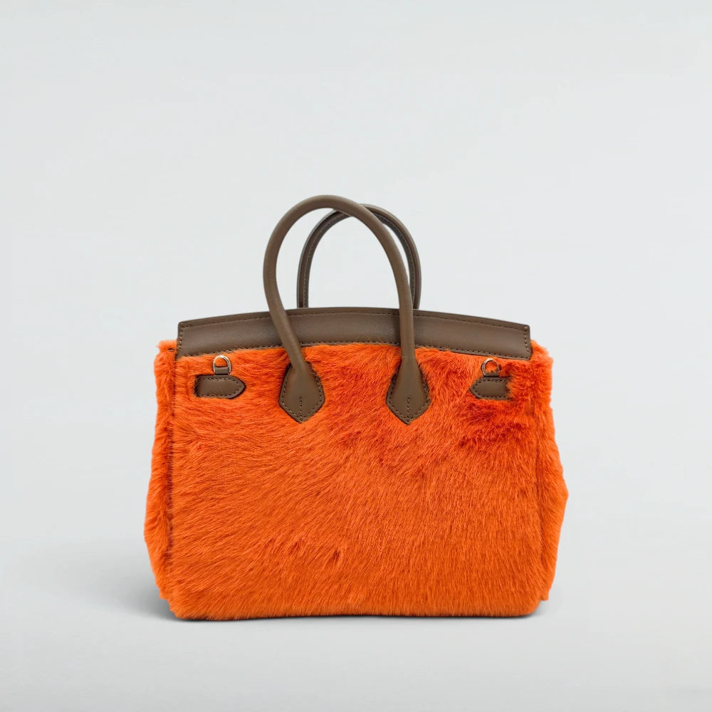 Back view of the Bagulia Birky 25cm Orange faux fur handbag with taupe leather handles