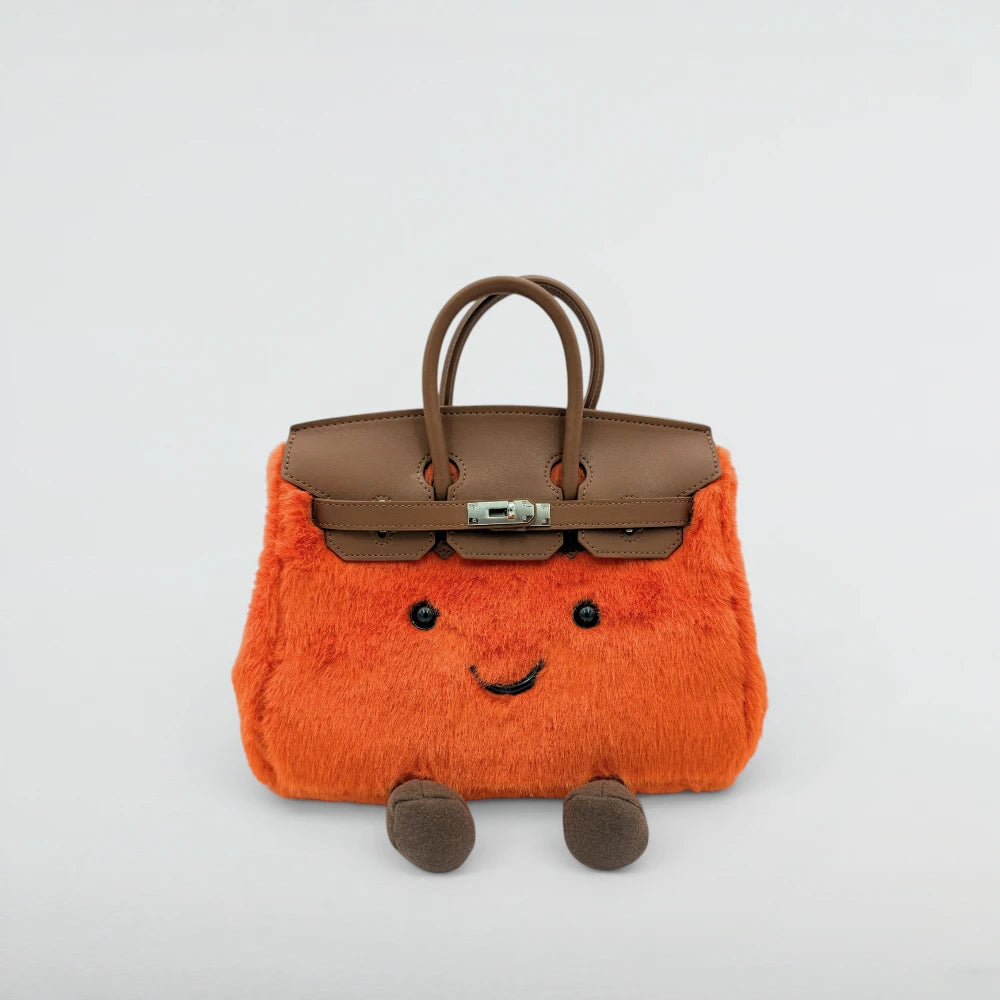 Bagulia Birky 25cm Orange faux fur Birkin style bag with smiley face, front view
