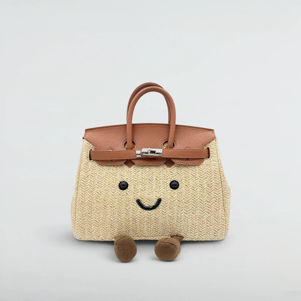 Bagulia Birky 25cm woven straw Birkin style bag with smiley face, front view