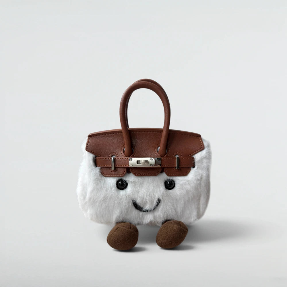 Bagulia Birky 18cm mini white shearling Birkin-style bag in Cream Sheep with brown leather handles, front view