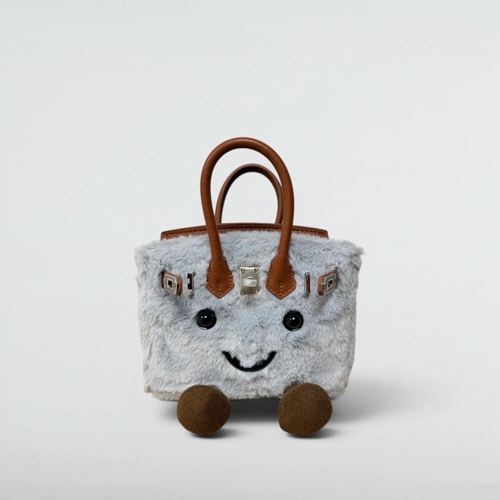 Bagulia Birky 18cm mini plush Birkin-style bag in Grey faux fur with smiley face, front view