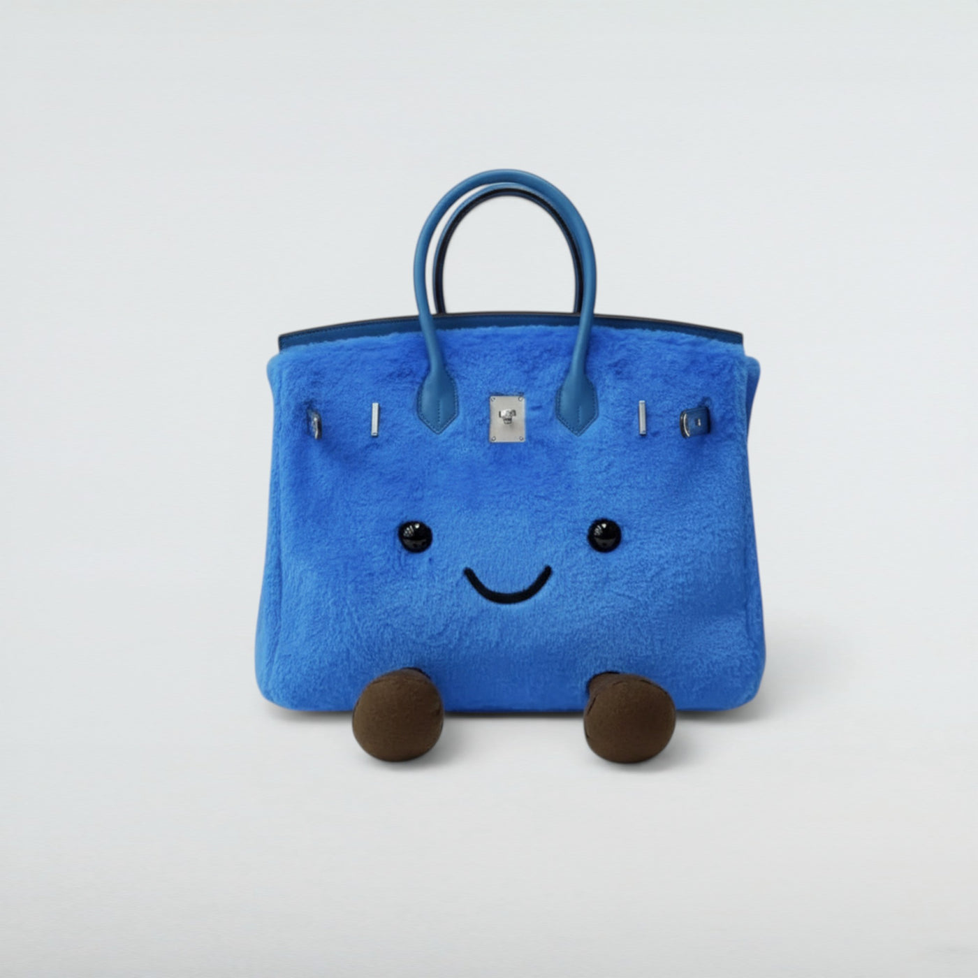 Bagulia Birky 25cm Blue faux fur Birkin-style bag with blue leather handles and smiley face, front view