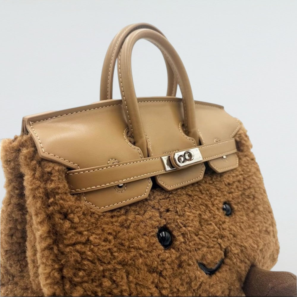 Close-up of the Bagulia Birky 25cm Chocolate Brown teddy boucle bag with smiley face