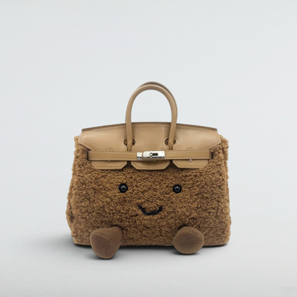 Bagulia Birky 25cm Chocolate Brown teddy boucle Birkin-style bag with smiley face, front view