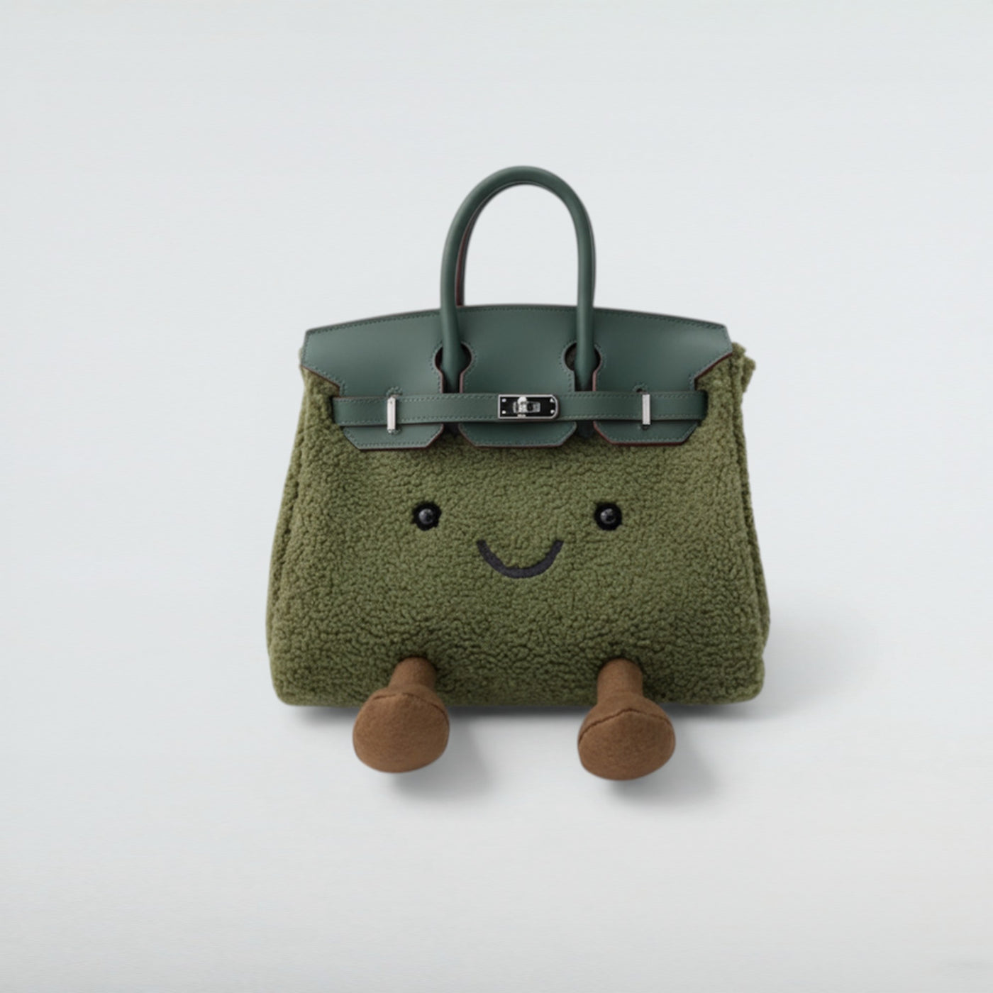 Bagulia Birky 25cm Olive green teddy boucle Birkin-style bag with green leather handles and smiley face, front view