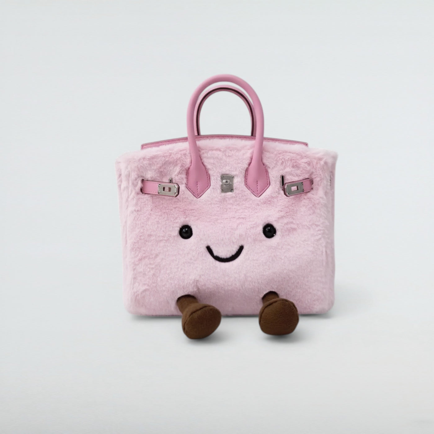 Bagulia Birky 25cm Baby Pink plush Birkin-style bag with smiley face, studio view
