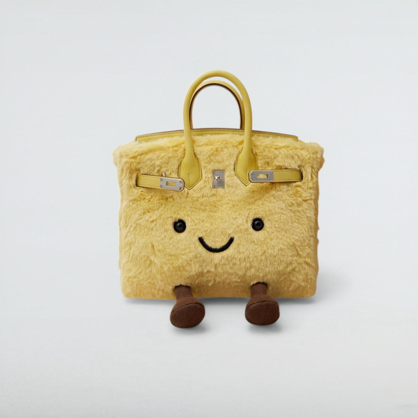 Bagulia Birky 25cm Yellow plush Birkin-style bag with smiley face, front view