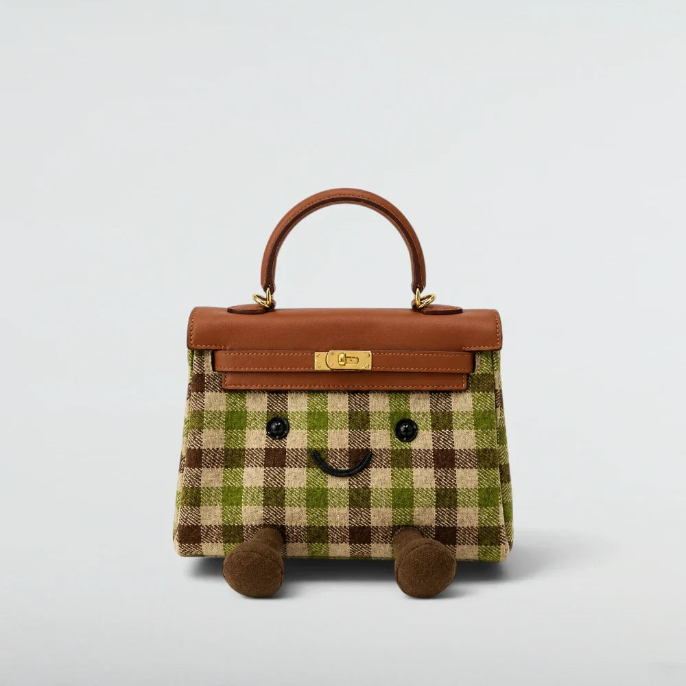 Bagulia Birky Jelly Kelly Retro Green Plaid character handbag front studio view