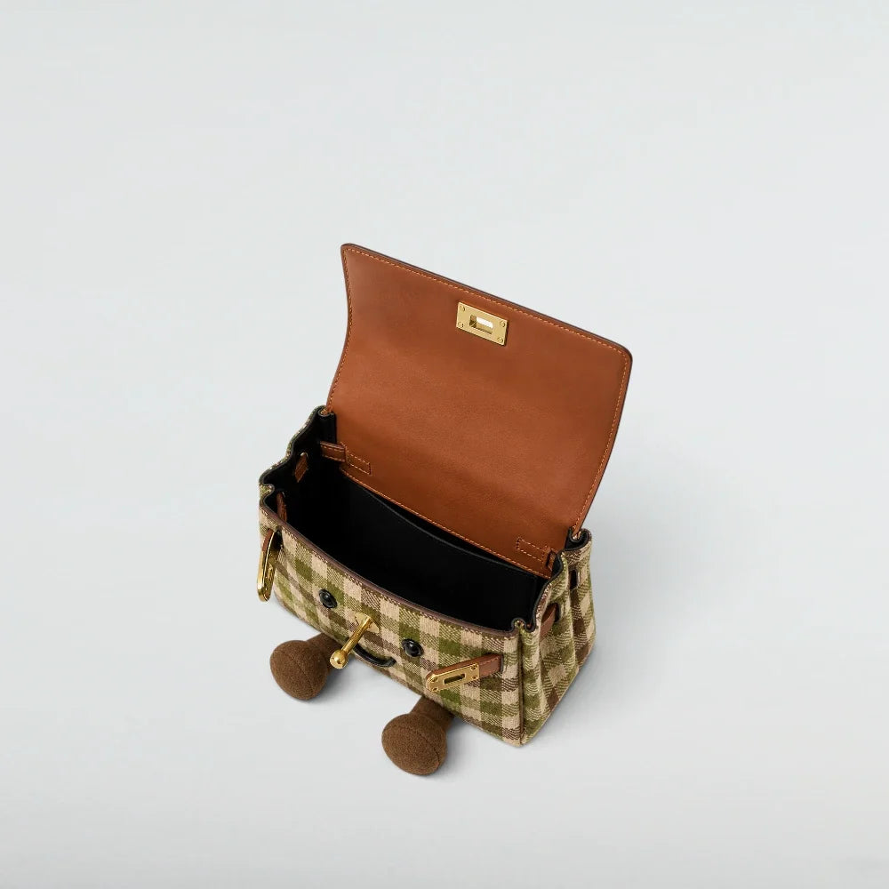 Bagulia Birky Jelly Kelly Retro Green Plaid character handbag open interior studio view