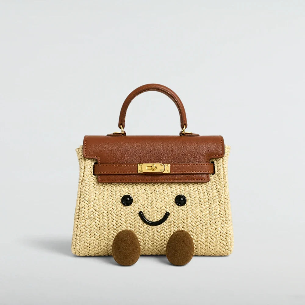 Bagulia Birky Jelly Kelly Woven Straw character handbag front studio view