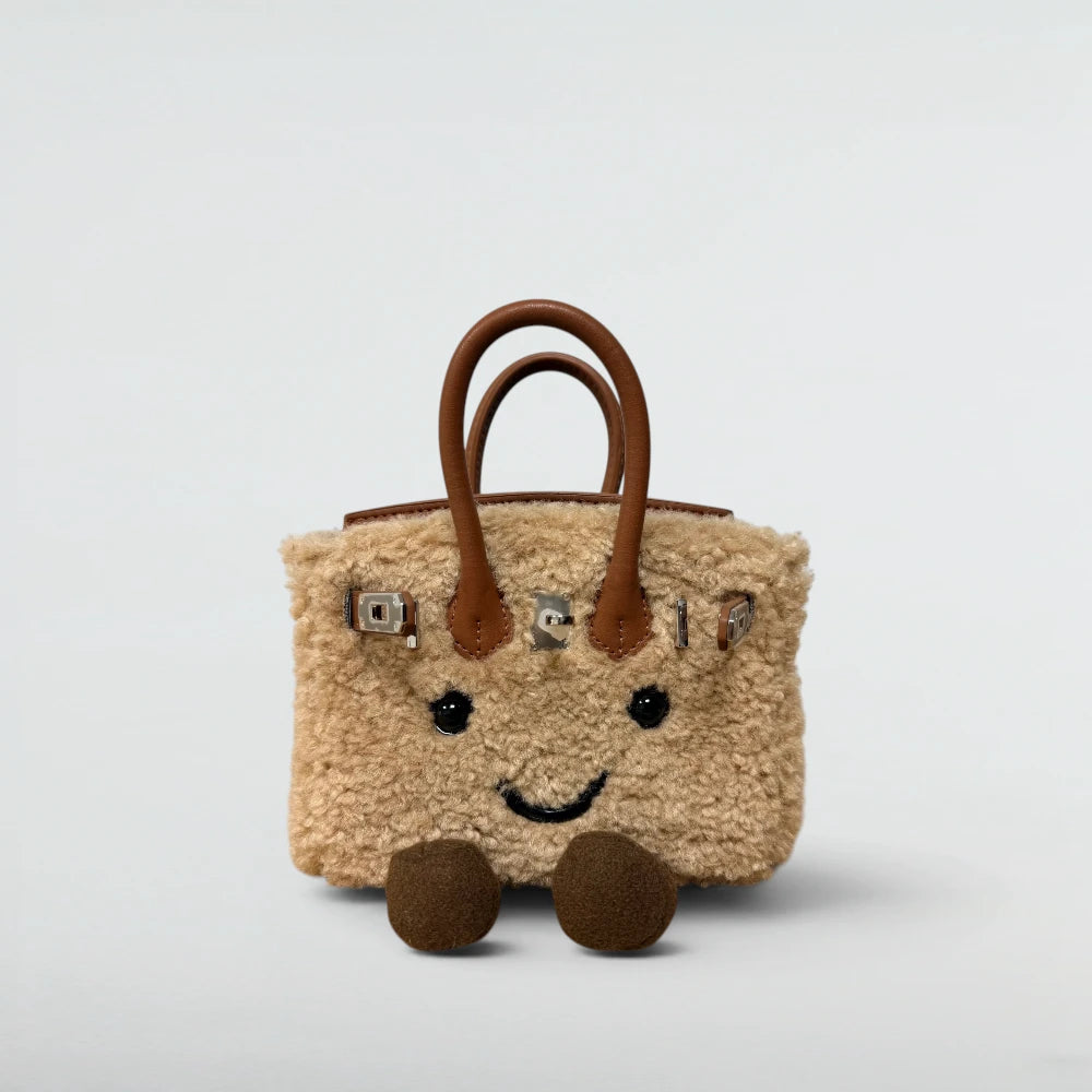 Bagulia Birky 18cm mini teddy boucle Birkin-style bag in Light Khaki with brown leather handles and smiley face, front view