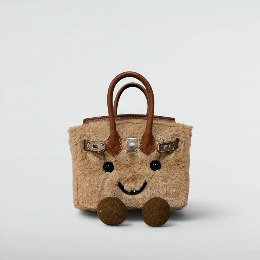 Bagulia Birky 18cm mini plush Birkin-style bag in Muted Brown short faux fur with smiley face, front view
